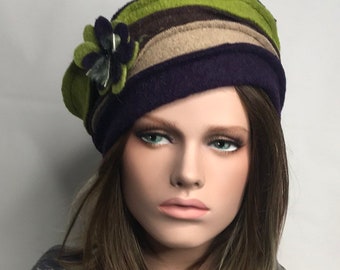 Women's winter hat in boiled wool. Anais winter hat in purple, lime green, taupe and brown. Women's hat.