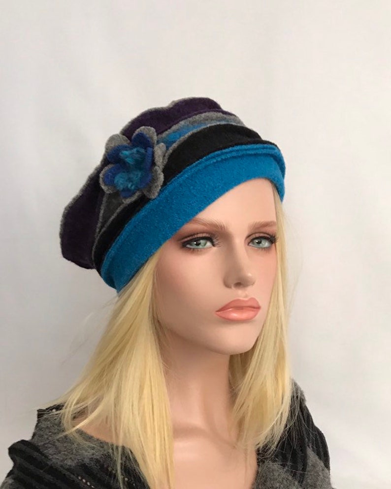 Chapeau Femme . Chapeau Anais Turquoise-violet gris en laine bouillie . Chapeau d'hiver . Bonnet en laine bouillie . Toque femme . image 1