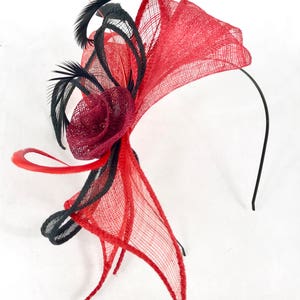 Headband Swing Red Black. Wedding woman hat. Bibi ceremony . Mini hat . Hairdressing accessory. image 10