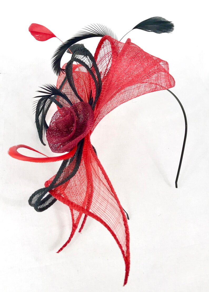 Headband Swing Red Black. Wedding woman hat. Bibi ceremony . Mini hat . Hairdressing accessory. image 10