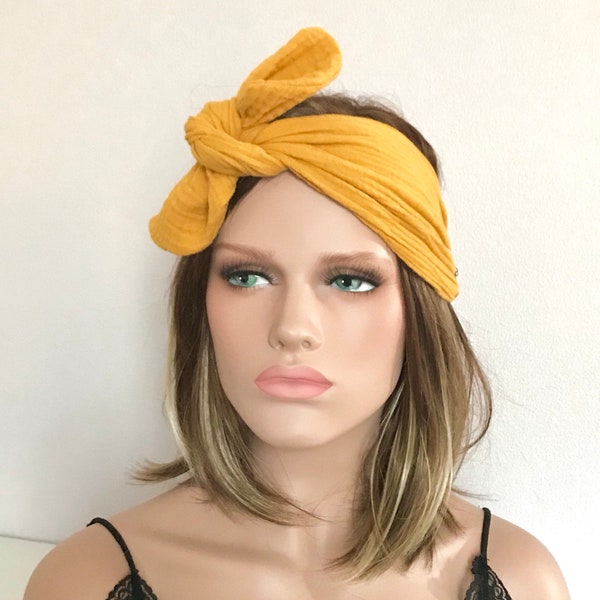 Bandeau cheveux femme. Bandeau Ibiza Jaune. Bandeau Cravate . Bandeau élastiqué. Accessoire cheveux . Bandeau pré-noué. Turban .