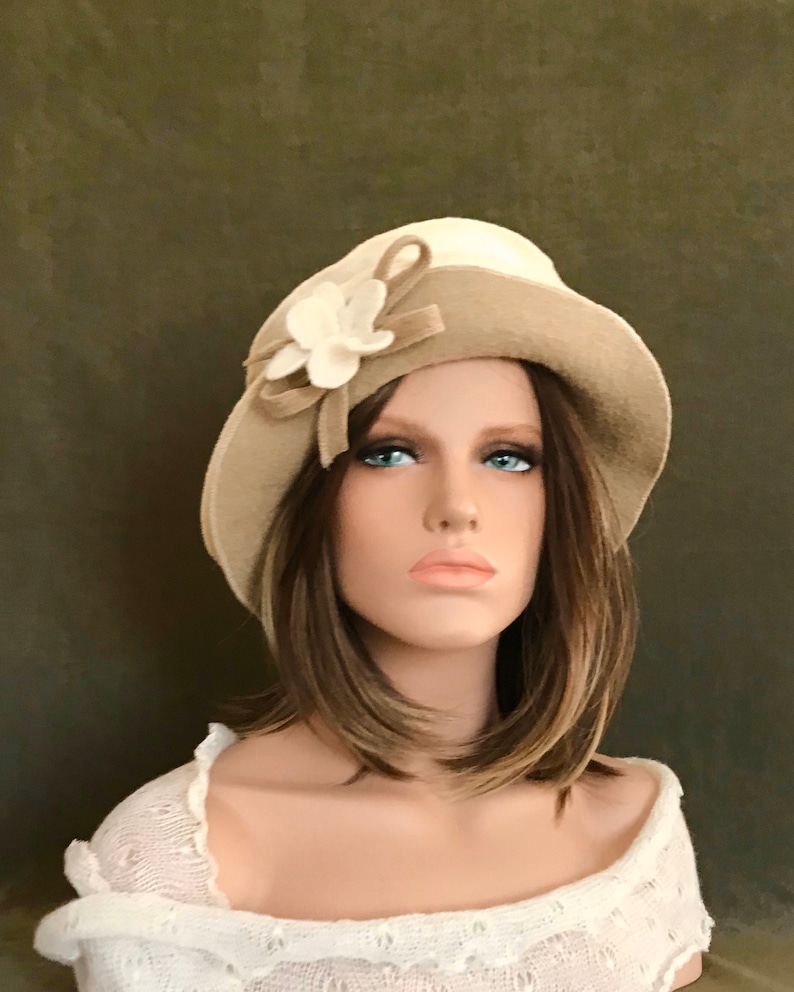 Ivory-Beige Jasmine Hat. Women's hat in boiled wool. Winter hat and cap. image 8