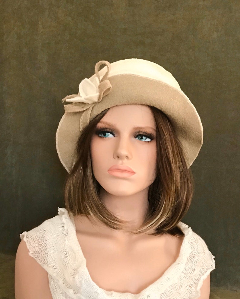 Ivory-Beige Jasmine Hat. Women's hat in boiled wool. Winter hat and cap. image 2