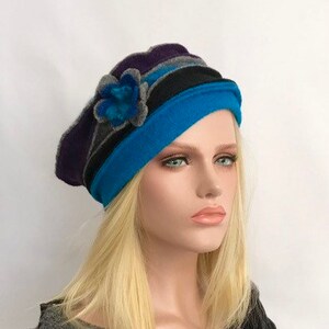 Chapeau Femme . Chapeau Anais Turquoise-violet gris en laine bouillie . Chapeau d'hiver . Bonnet en laine bouillie . Toque femme . image 10