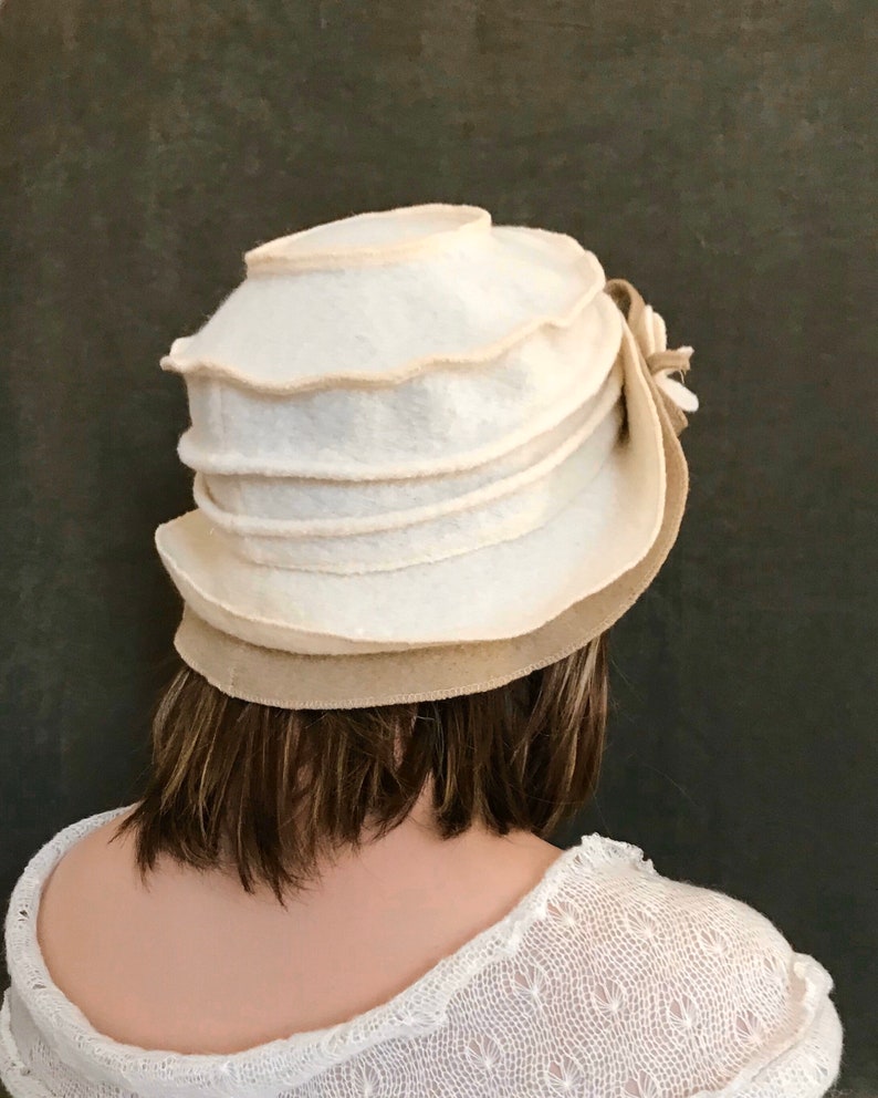 Ivory-Beige Jasmine Hat. Women's hat in boiled wool. Winter hat and cap. image 5