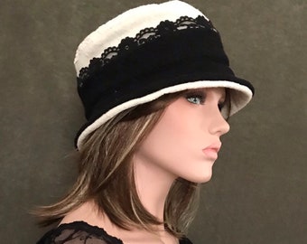 Glam's Black-White women's hat. Winter hat. Wedding hat. Wool hat. Wool bob.