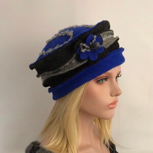 Women's hat. Anais hat Royal blue Gray Black in boiled wool. Winter hat. Wool cap . Toque. image 8