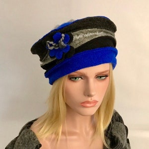 Chapeau femme . Chapeau Anais Bleu royal Gris Noir en laine bouillie . Chapeau d'hiver . Bonnet en laine . Toque . image 3