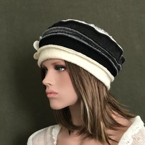 Chapeau Anais Ivoire-gris-noir. Chapeau femme. Bonnet dhiver. Toque en laine bouillie. image 4