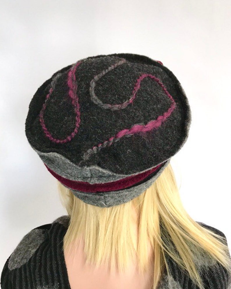 Women's hat. Anais Hat Gray Burgundy Black in boiled wool. Winter hat. Wool hat. image 9