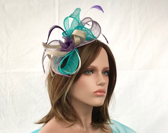 Serre-tête Swing Turquoise-Violet. Chapeau femme mariage . Bibi cérémonie . Mini chapeau . Accessoire coiffure .