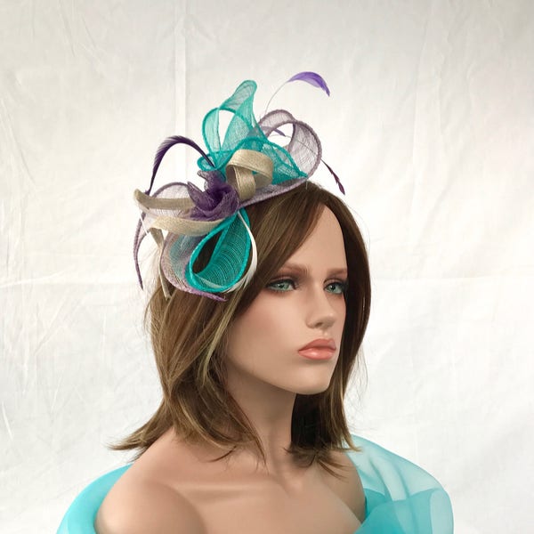 Serre-tête Swing Turquoise-Violet. Chapeau femme mariage . Bibi cérémonie . Mini chapeau . Accessoire coiffure .