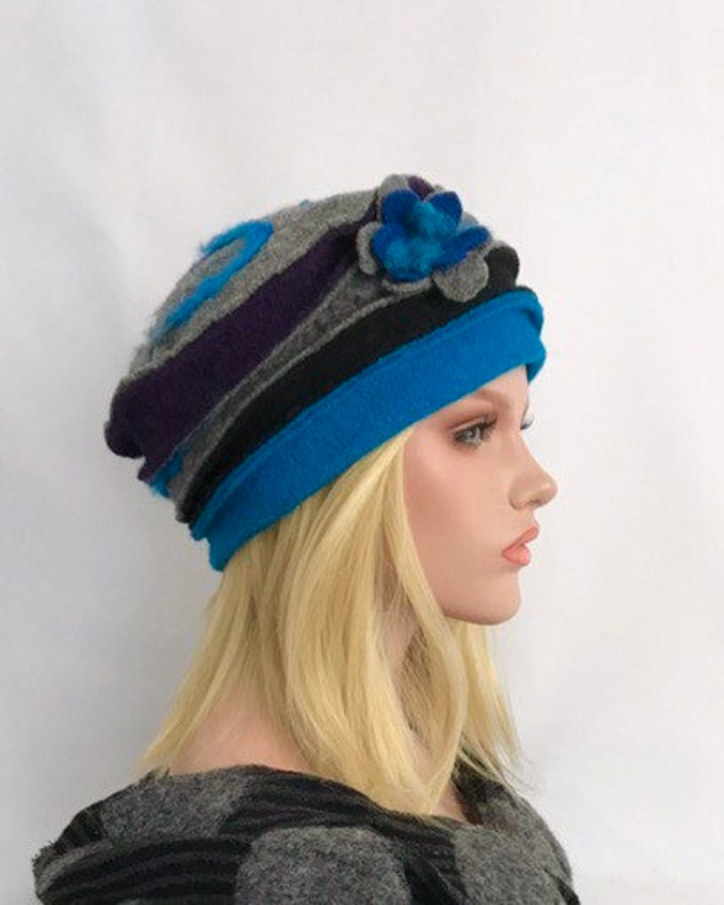 Chapeau Femme . Chapeau Anais Turquoise-violet gris en laine bouillie . Chapeau d'hiver . Bonnet en laine bouillie . Toque femme . image 9