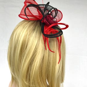 Headband Swing Red Black. Wedding woman hat. Bibi ceremony . Mini hat . Hairdressing accessory. image 8