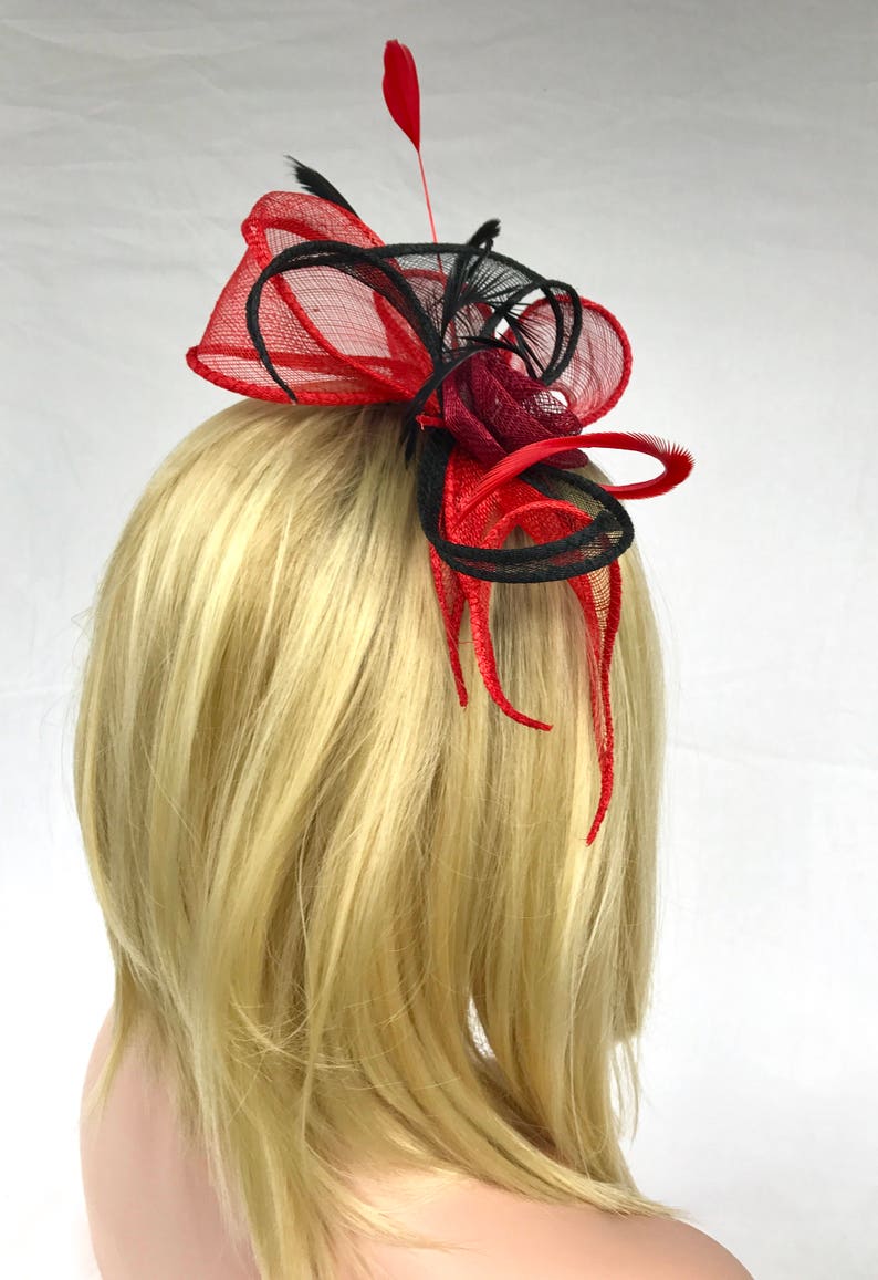 Headband Swing Red Black. Wedding woman hat. Bibi ceremony . Mini hat . Hairdressing accessory. image 8