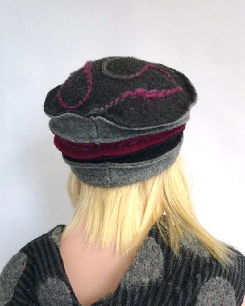 Women's hat. Anais Hat Gray Burgundy Black in boiled wool. Winter hat. Wool hat. image 7