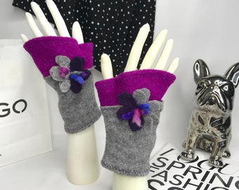 Mitaines femme en laine bouillie gris /fuchsia. Mitaines d’hiver.Gants femme. Gants en laine. Accessoires femme.