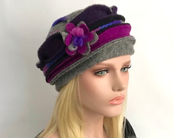 Chapeau Femme . Chapeau Anais Gris-Violet-Fuchsia en laine bouillie . Chapeau d'hiver . Bonnet en laine . Toque .