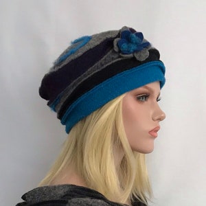 Chapeau Femme . Chapeau Anais Turquoise-violet gris en laine bouillie . Chapeau d'hiver . Bonnet en laine bouillie . Toque femme . image 5