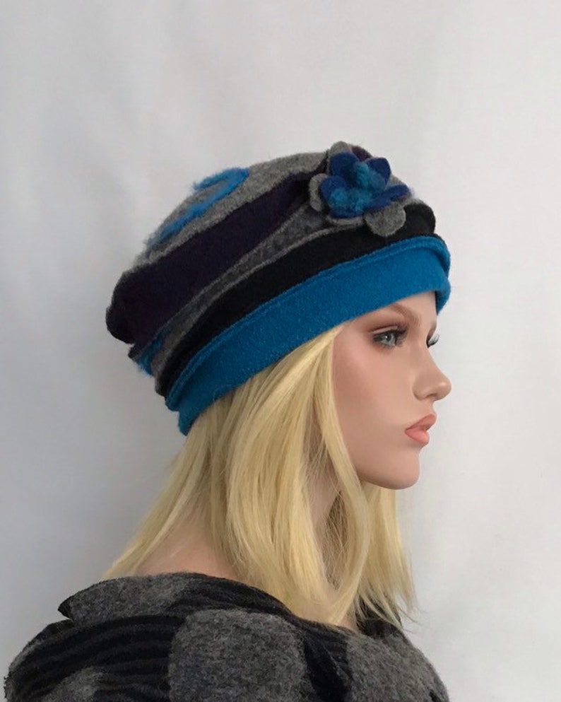 Women's Hat. Anais Turquoise-purple-gray hat in boiled wool. Winter hat. Boiled wool hat. Women's hat. image 5
