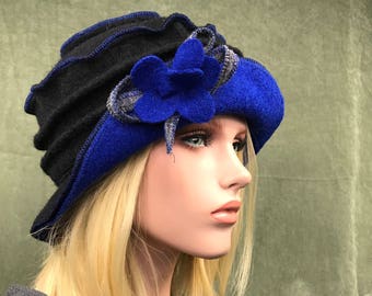 Chapeau Jasmin Noir-Bleu. Chapeau femme. Bonnet d'hiver en laine bouillie .