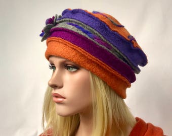 Anais Orange-Violet Hat. Women's Hat. Boiled Wool Winter Bonnet. Toque.
