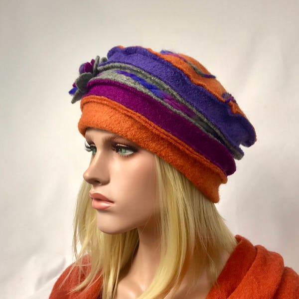 Chapeau Anais Orange-Violet. Chapeau femme.Bonnet d'hiver en laine bouillie.Toque .