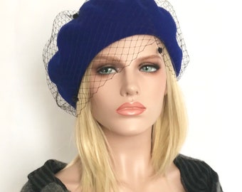 Beret Paris Royal Blue. Women's hat. Winter hat. Ceremony hat. Wool beret with veil. Wedding hat.