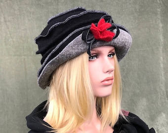 Chapeau Jasmin Noir-Gris. Chapeau femme . Bonnet d'hiver en laine bouillie .