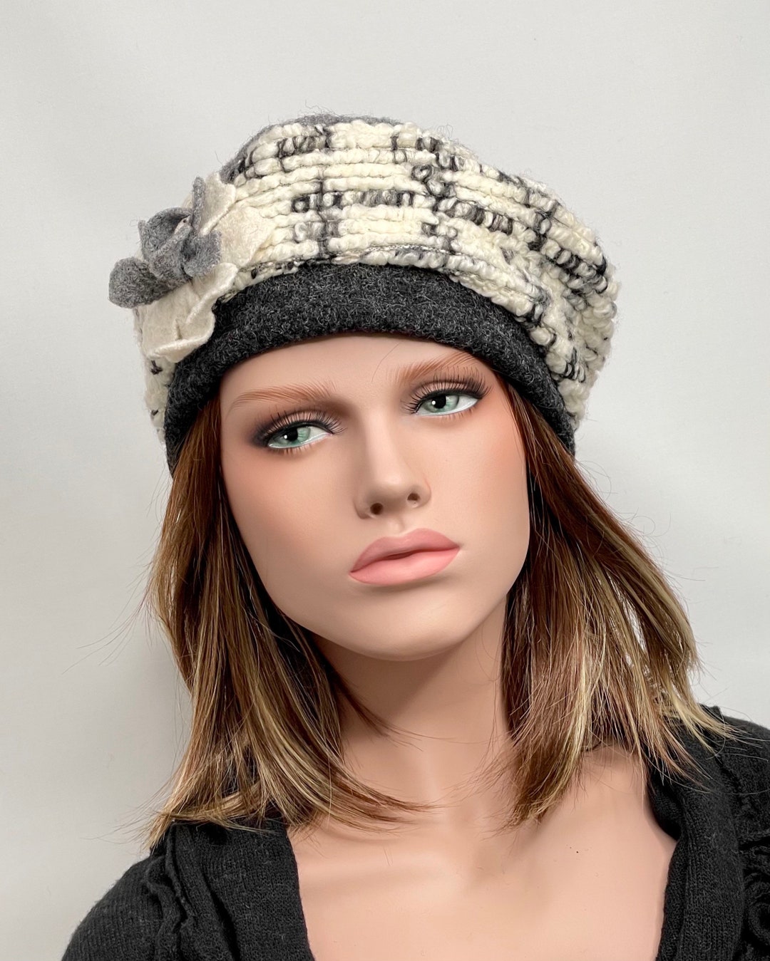Women's Winter Hat in Fancy Wool Jade Gray/white/anthracite Color