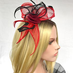 Headband Swing Red Black. Wedding woman hat. Bibi ceremony . Mini hat . Hairdressing accessory. image 7