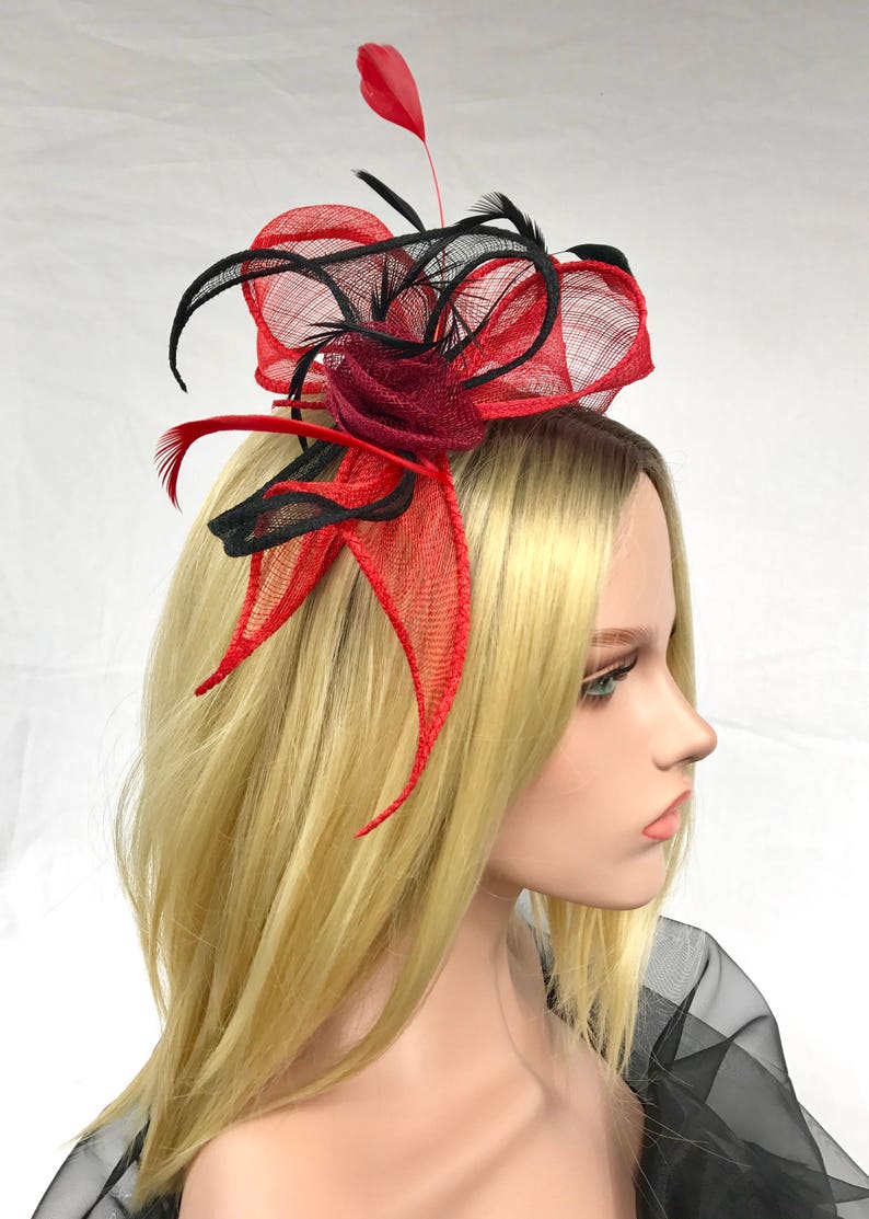 Headband Swing Red Black. Wedding woman hat. Bibi ceremony . Mini hat . Hairdressing accessory. image 7