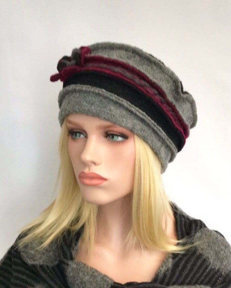 Women's hat. Anais Hat Gray Burgundy Black in boiled wool. Winter hat. Wool hat. image 10