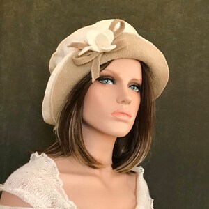 Ivory-Beige Jasmine Hat. Women's hat in boiled wool. Winter hat and cap. image 4