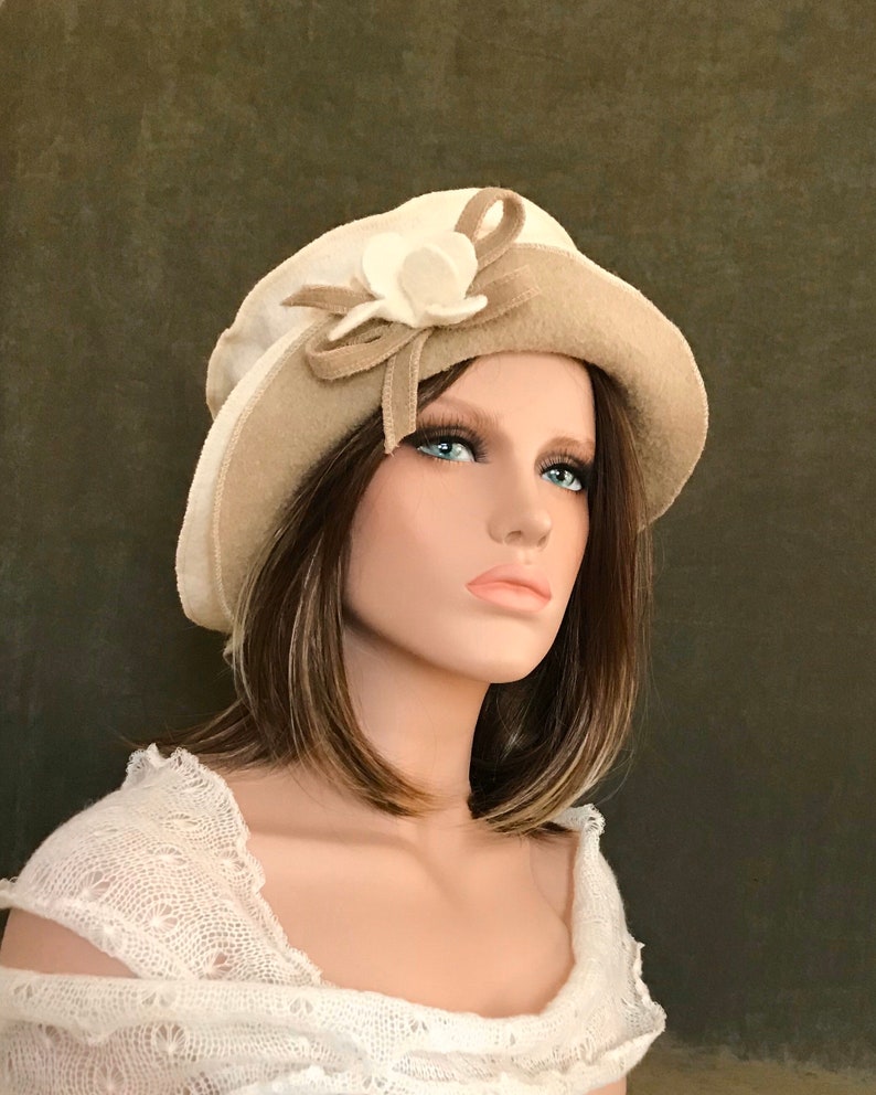 Ivory-Beige Jasmine Hat. Women's hat in boiled wool. Winter hat and cap. image 4