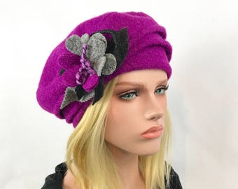 Marion Fuchsia hat. Women's hat. Boiled wool beret. Winter hat.