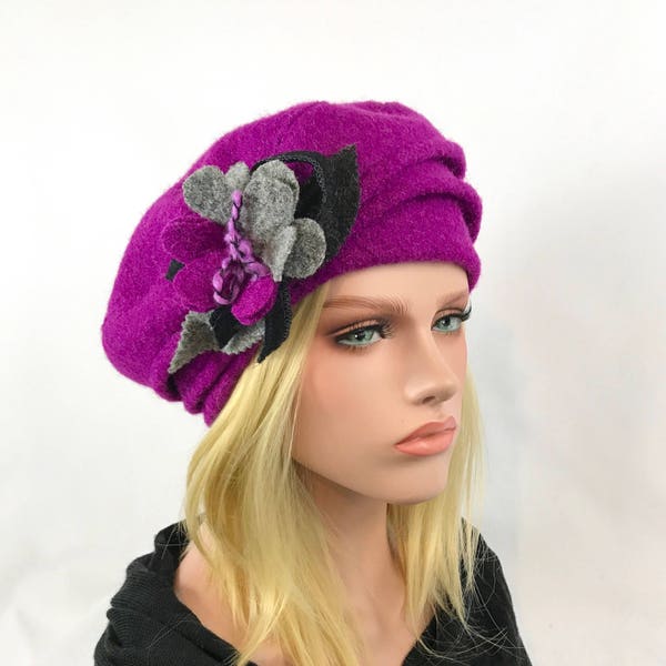 Chapeau Marion Fuchsia. Chapeau femme . Béret en laine bouillie .Bonnet d'hiver .