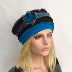 Chapeau Femme . Chapeau Anais Turquoise-violet gris en laine bouillie . Chapeau d'hiver . Bonnet en laine bouillie . Toque femme . image 8