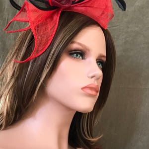 Headband Swing Red Black. Wedding woman hat. Bibi ceremony . Mini hat . Hairdressing accessory. image 5