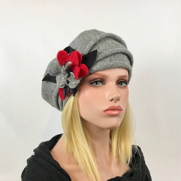 Chapeau Marion Gris. Chapeau femme . Béret en laine bouillie .Bonnet d'hiver .