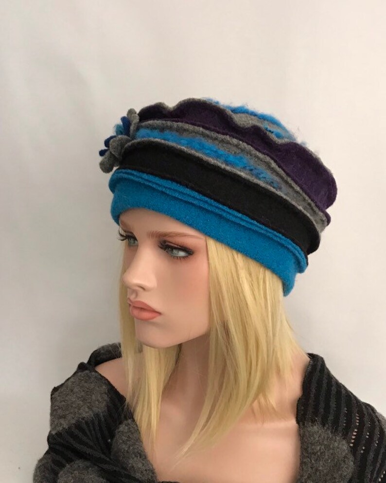 Women's Hat. Anais Turquoise-purple-gray hat in boiled wool. Winter hat. Boiled wool hat. Women's hat. image 2