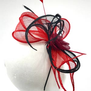 Headband Swing Red Black. Wedding woman hat. Bibi ceremony . Mini hat . Hairdressing accessory. image 9