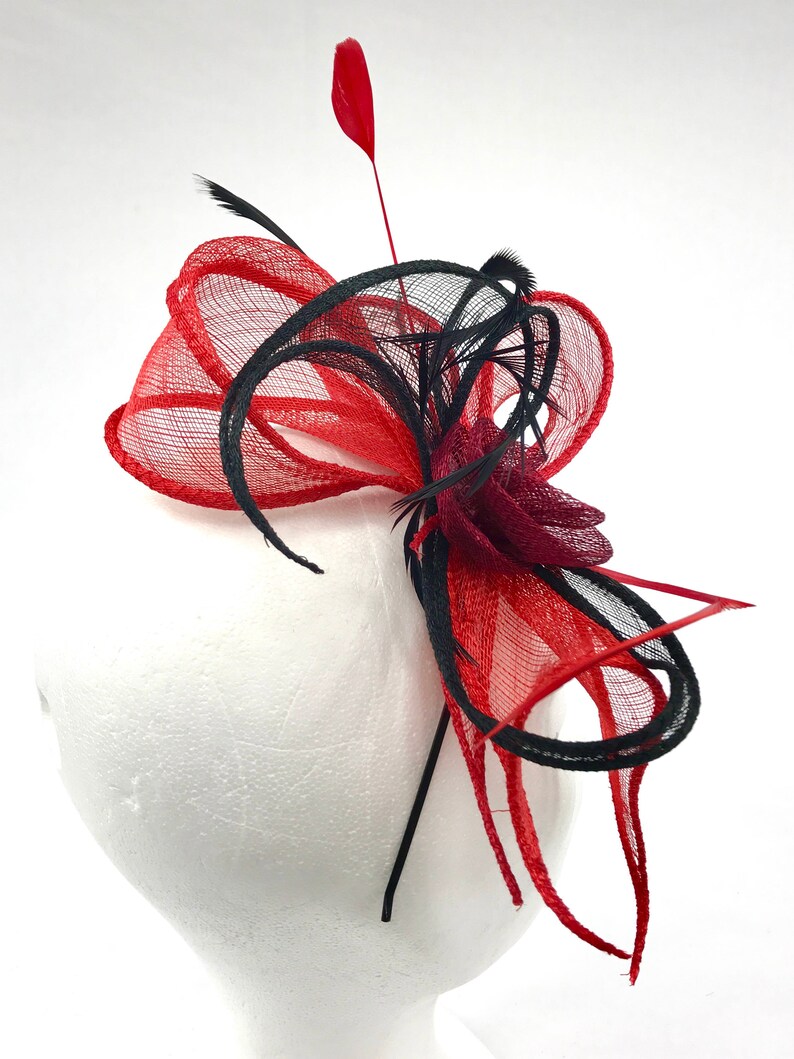 Headband Swing Red Black. Wedding woman hat. Bibi ceremony . Mini hat . Hairdressing accessory. image 9
