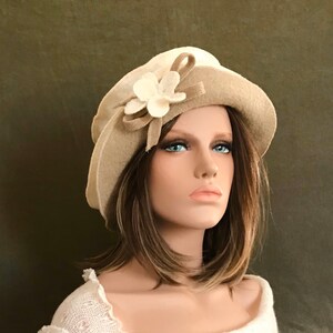 Ivory-Beige Jasmine Hat. Women's hat in boiled wool. Winter hat and cap. image 3