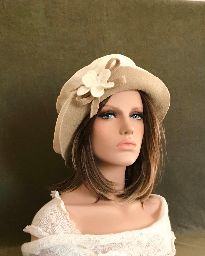 Ivory-Beige Jasmine Hat. Women's hat in boiled wool. Winter hat and cap. image 3