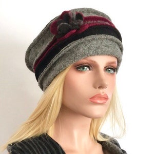 Chapeau femme .Chapeau Anais Gris Bordeaux Noir en laine bouillie .Chapeau d'hiver . Toque .Bonnet laine . image 3