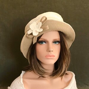 Ivory-Beige Jasmine Hat. Women's hat in boiled wool. Winter hat and cap. image 6