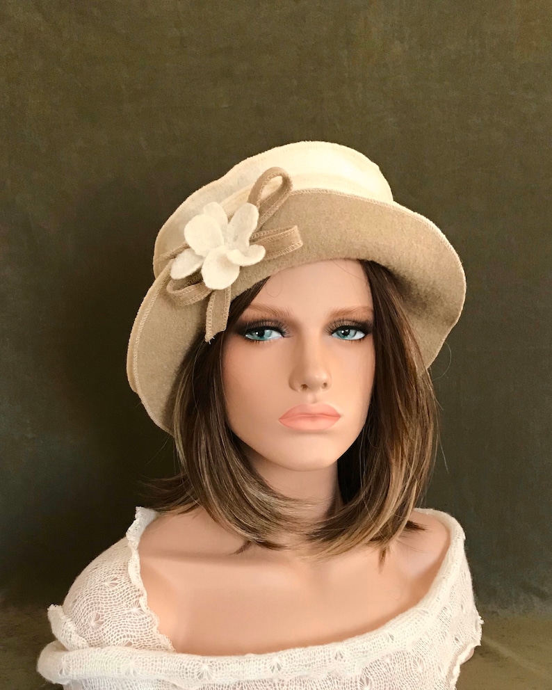 Ivory-Beige Jasmine Hat. Women's hat in boiled wool. Winter hat and cap. image 6