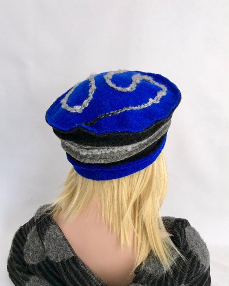 Women's hat. Anais hat Royal blue Gray Black in boiled wool. Winter hat. Wool cap . Toque. image 5