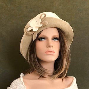 Ivory-Beige Jasmine Hat. Women's hat in boiled wool. Winter hat and cap. image 1